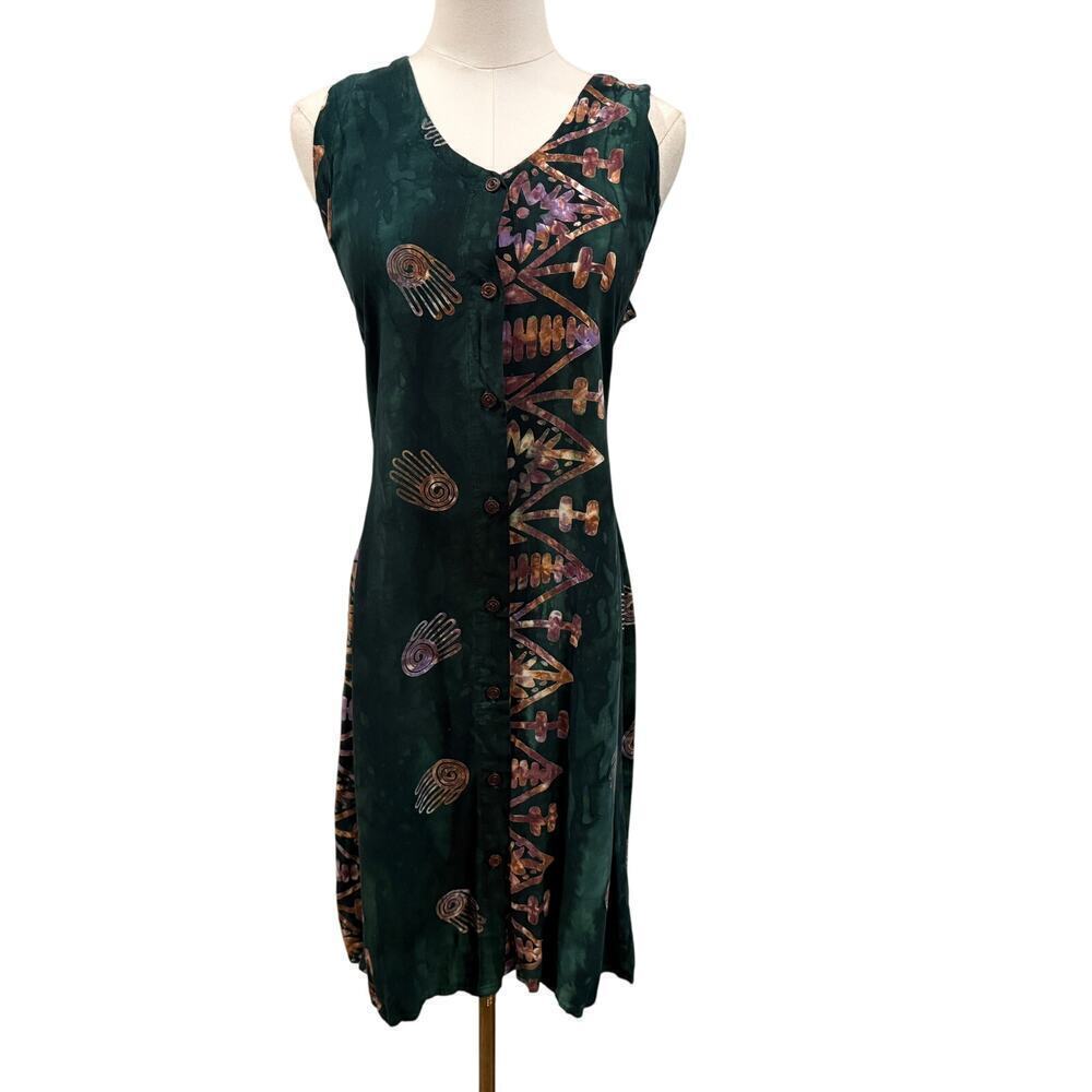 Vintage Flaming Pearl Green Boho Button Front Midi Dress Abstract Medium Indie